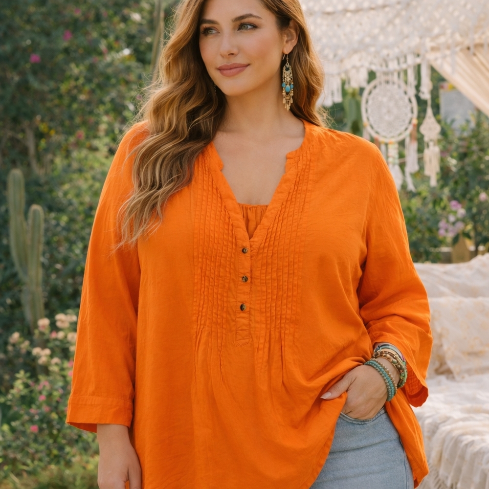 AE Sport 100% Cotton Oversized Orange Boho Blouse | Relaxed Fit Casual Tunic Top